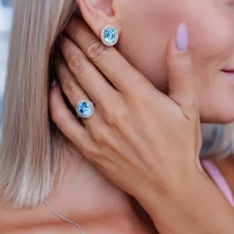 2-Pc Set of Sky Blue & White Topaz Double Halo Ring Earrings Sterling Silver