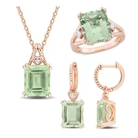 3-Pc Set of Green Quartz & White Topaz Ring, Earrings Pendant with Chain Rose Plated Sterling Silver