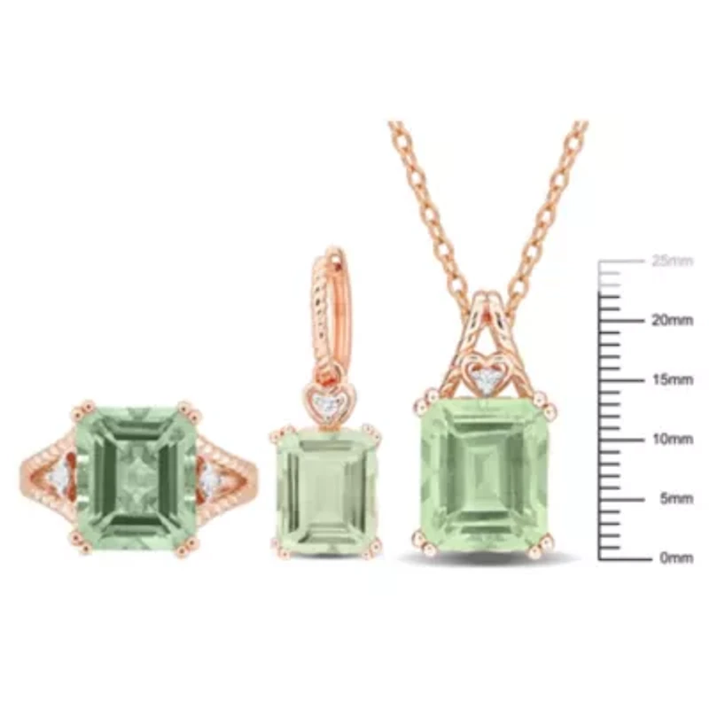 3-Pc Set of Green Quartz & White Topaz Ring, Earrings Pendant with Chain Rose Plated Sterling Silver