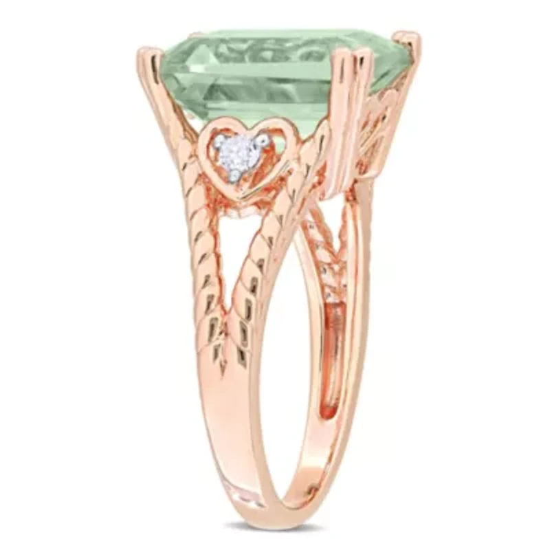 3-Pc Set of Green Quartz & White Topaz Ring, Earrings Pendant with Chain Rose Plated Sterling Silver