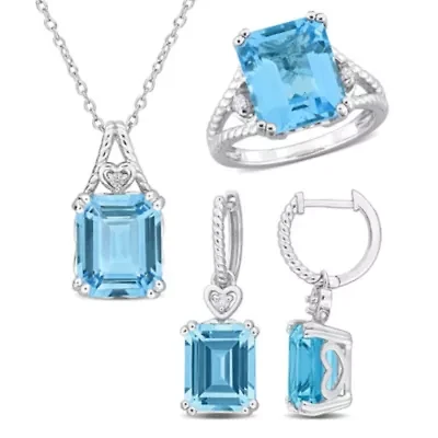 3-Pc Set of Sky Blue & White Topaz Ring, Earrings Pendant with Chain Sterling Silver