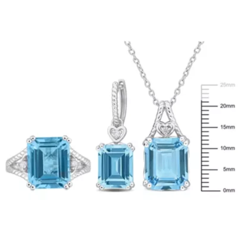3-Pc Set of Sky Blue & White Topaz Ring, Earrings Pendant with Chain Sterling Silver