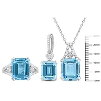 3-Pc Set of Sky Blue & White Topaz Ring, Earrings Pendant with Chain Sterling Silver