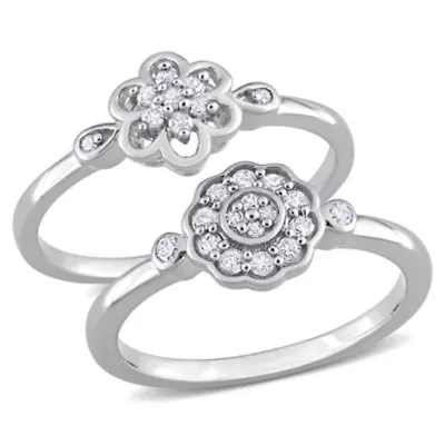 2-Pc Set of 1/3 ct. t.w. Diamond Flower Ring Sterling Silver