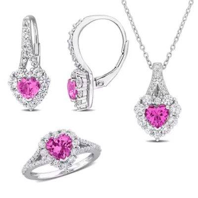 3-Pc Set of Created Pink & White Sapphire Halo Heart Ring, Earrings Pendant with Chain Sterling Silver