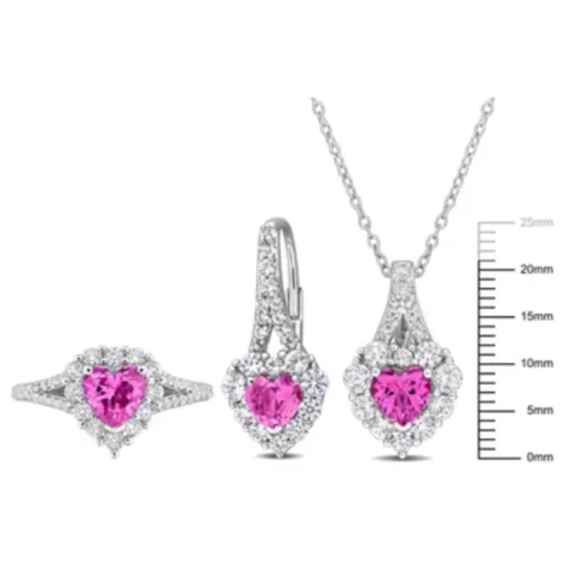 3-Pc Set of Created Pink & White Sapphire Halo Heart Ring, Earrings Pendant with Chain Sterling Silver