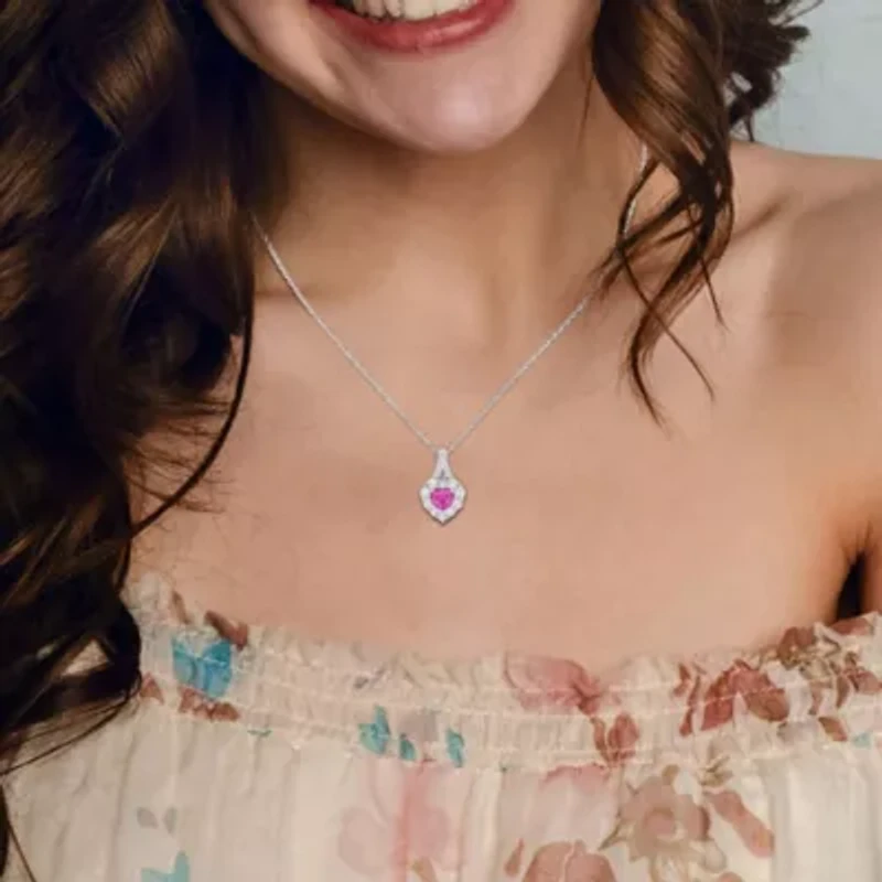 3-Pc Set of Created Pink & White Sapphire Halo Heart Ring, Earrings Pendant with Chain Sterling Silver