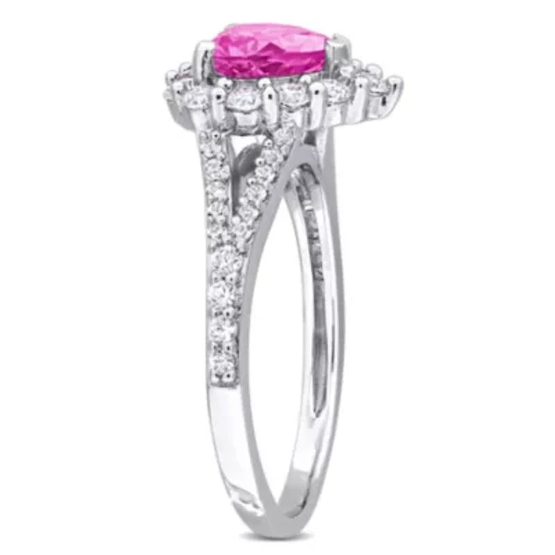 3-Pc Set of Created Pink & White Sapphire Halo Heart Ring, Earrings Pendant with Chain Sterling Silver