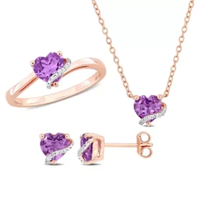 3-Pc Set of Amethyst & Diamond Accent Heart Swirl Ring, Earrings Necklace Rose Plated Sterling Silver
