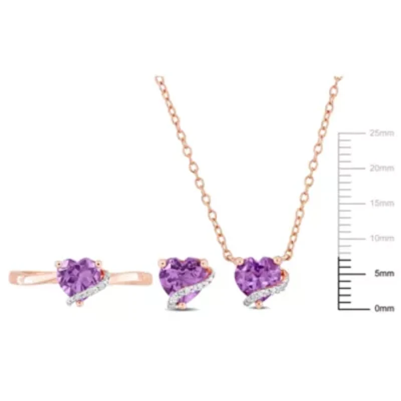 3-Pc Set of Amethyst & Diamond Accent Heart Swirl Ring, Earrings Necklace Rose Plated Sterling Silver