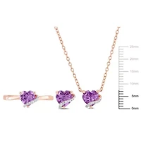 3-Pc Set of Amethyst & Diamond Accent Heart Swirl Ring, Earrings Necklace Rose Plated Sterling Silver