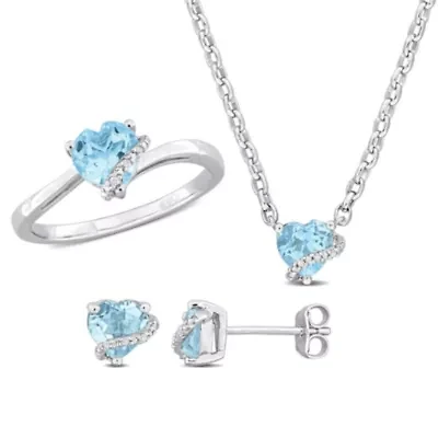 3-Pc Set of Sky Blue Topaz & Diamond Accent Heart Swirl Ring, Earrings Necklace Sterling Silver
