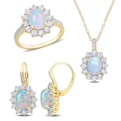 3-Pc Set of Blue Opal & White Topaz with 1/6 ct. t.w. Diamond Halo Ring, Earrings Pendant Chain Yellow Plated Sterling Silver