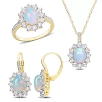 3-Pc Set of Blue Opal & White Topaz with 1/6 ct. t.w. Diamond Halo Ring, Earrings Pendant Chain Yellow Plated Sterling Silver