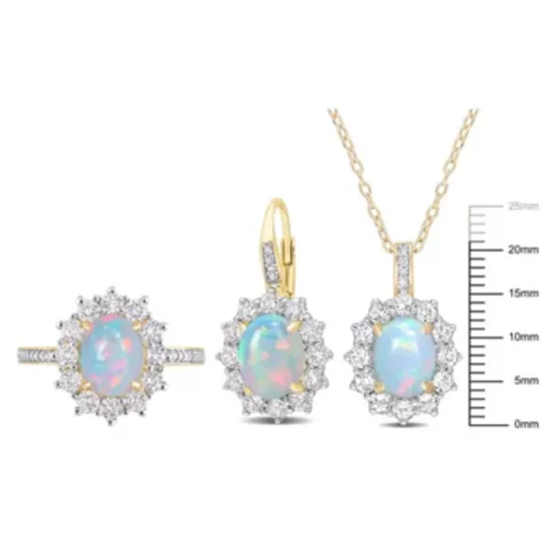 3-Pc Set of Blue Opal & White Topaz with 1/6 ct. t.w. Diamond Halo Ring, Earrings Pendant Chain Yellow Plated Sterling Silver