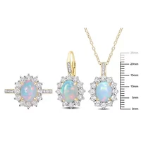 3-Pc Set of Blue Opal & White Topaz with 1/6 ct. t.w. Diamond Halo Ring, Earrings Pendant Chain Yellow Plated Sterling Silver