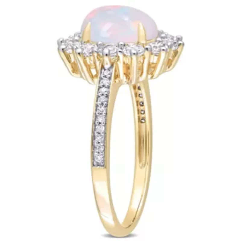 3-Pc Set of Blue Opal & White Topaz with 1/6 ct. t.w. Diamond Halo Ring, Earrings Pendant Chain Yellow Plated Sterling Silver