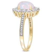 3-Pc Set of Blue Opal & White Topaz with 1/6 ct. t.w. Diamond Halo Ring, Earrings Pendant Chain Yellow Plated Sterling Silver