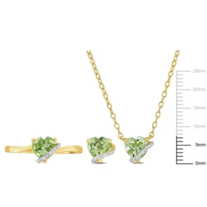 3-Pc Set of Green Quartz & Diamond Accent Heart Swirl Ring, Earrings Necklace Yellow Plated Sterling Silver