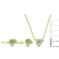 3-Pc Set of Green Quartz & Diamond Accent Heart Swirl Ring, Earrings Necklace Yellow Plated Sterling Silver