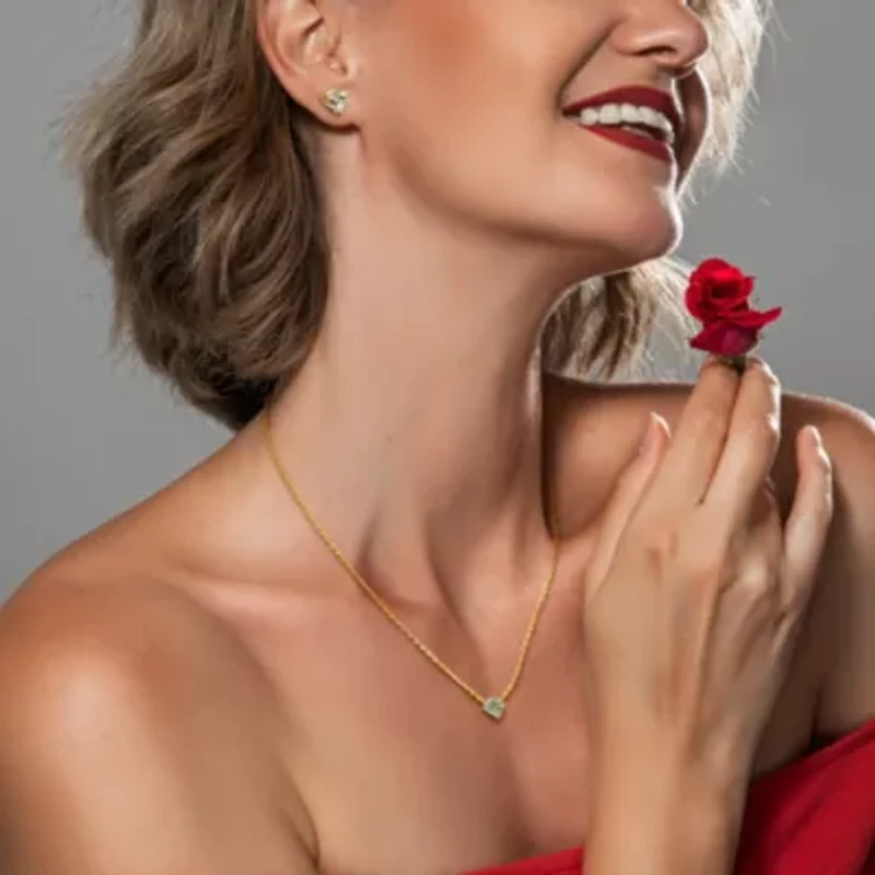 3-Pc Set of Green Quartz & Diamond Accent Heart Swirl Ring, Earrings Necklace Yellow Plated Sterling Silver