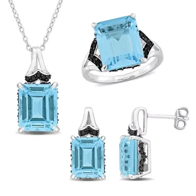 3-Pc Set of Sky Blue Topaz & Black Sapphire Ring, Earrings Pendant with Chain Sterling Silver