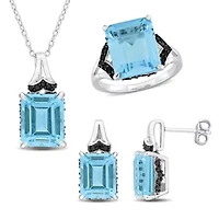 3-Pc Set of Sky Blue Topaz & Black Sapphire Ring, Earrings Pendant with Chain Sterling Silver
