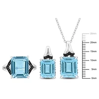 3-Pc Set of Sky Blue Topaz & Black Sapphire Ring, Earrings Pendant with Chain Sterling Silver