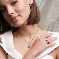 3-Pc Set of Sky Blue Topaz & Black Sapphire Ring, Earrings Pendant with Chain Sterling Silver