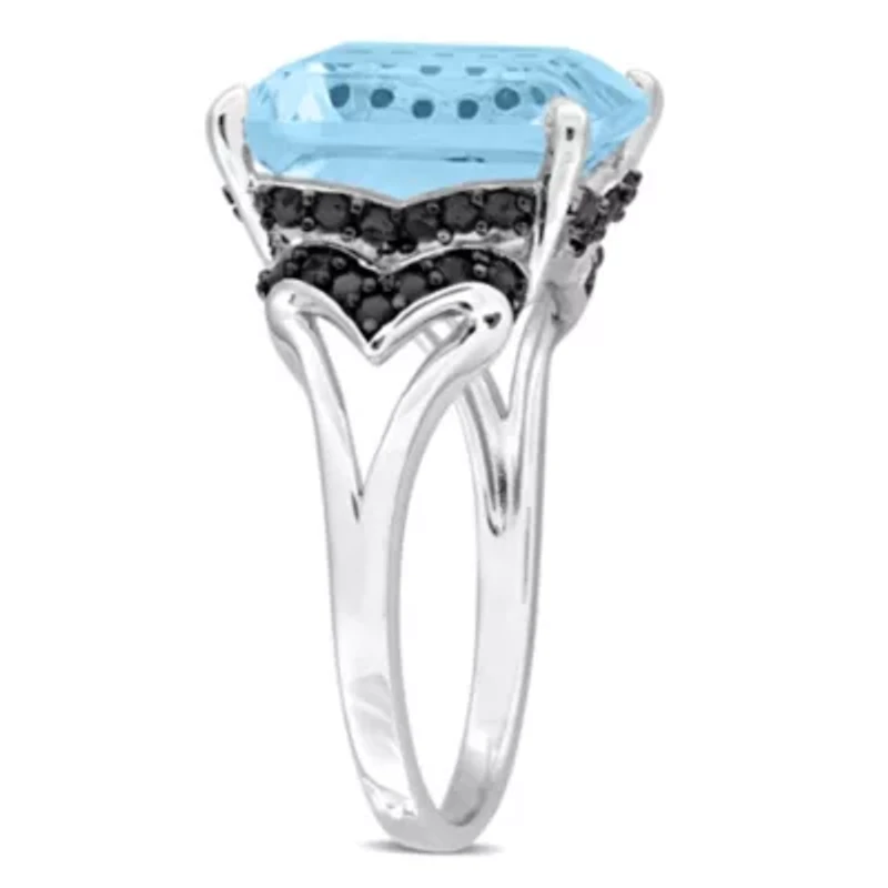 3-Pc Set of Sky Blue Topaz & Black Sapphire Ring, Earrings Pendant with Chain Sterling Silver