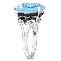 3-Pc Set of Sky Blue Topaz & Black Sapphire Ring, Earrings Pendant with Chain Sterling Silver