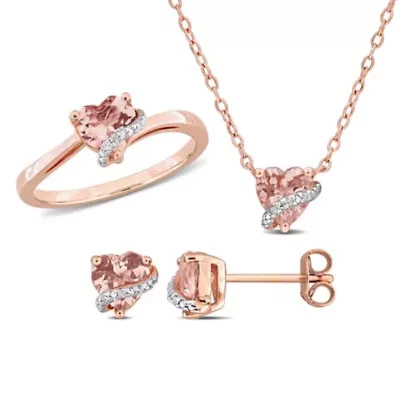 3-Pc Set of Morganite & Diamond Accent Heart Swirl Ring, Earrings Necklace Rose Plated Sterling Silver