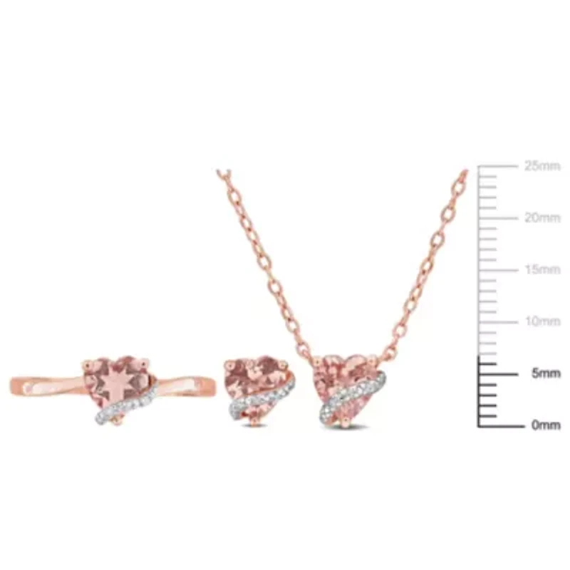 3-Pc Set of Morganite & Diamond Accent Heart Swirl Ring, Earrings Necklace Rose Plated Sterling Silver