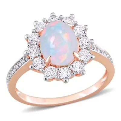 Ethiopian Opal-Blue & White Topaz Halo Ring in Rose Plated Sterling Silver