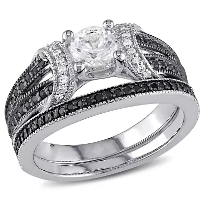 Lab Created Created White Sapphire Split Shank Bridal Set in Sterling Silver with Black Rhodium