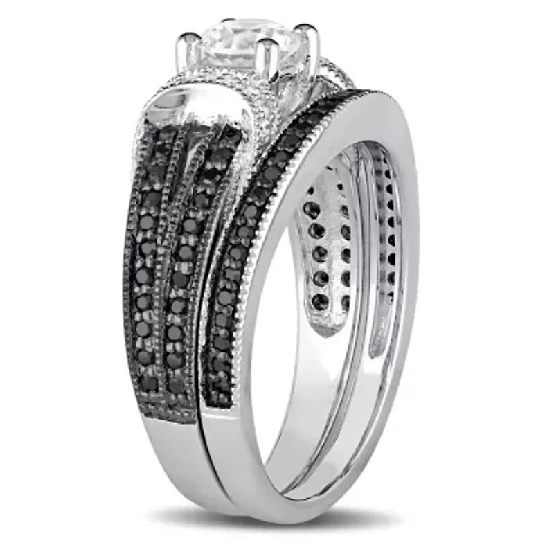 Lab Created Created White Sapphire Split Shank Bridal Set in Sterling Silver with Black Rhodium