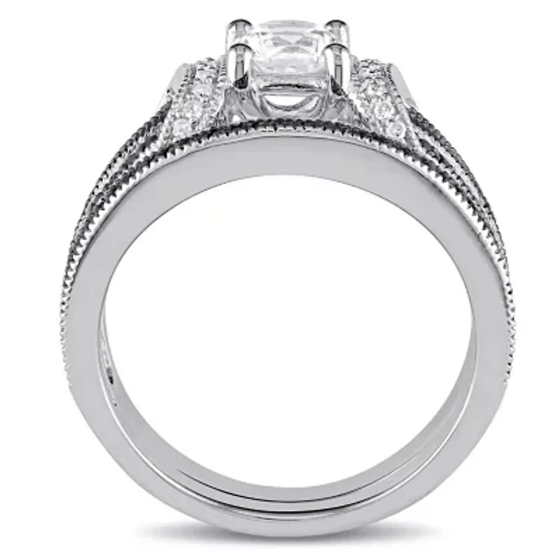 Lab Created Created White Sapphire Split Shank Bridal Set in Sterling Silver with Black Rhodium