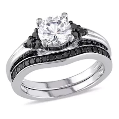 Lab Created Created White Sapphire & 3/5 ct. t.w. Black Diamond Floral Bridal Set in Sterling Silver with Black Rhodium