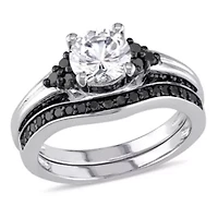 Lab Created Created White Sapphire & 3/5 ct. t.w. Black Diamond Floral Bridal Set in Sterling Silver with Black Rhodium