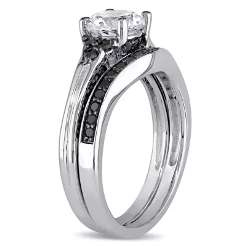 Lab Created Created White Sapphire & 3/5 ct. t.w. Black Diamond Floral Bridal Set in Sterling Silver with Black Rhodium