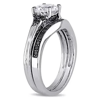 Lab Created Created White Sapphire & 3/5 ct. t.w. Black Diamond Floral Bridal Set in Sterling Silver with Black Rhodium