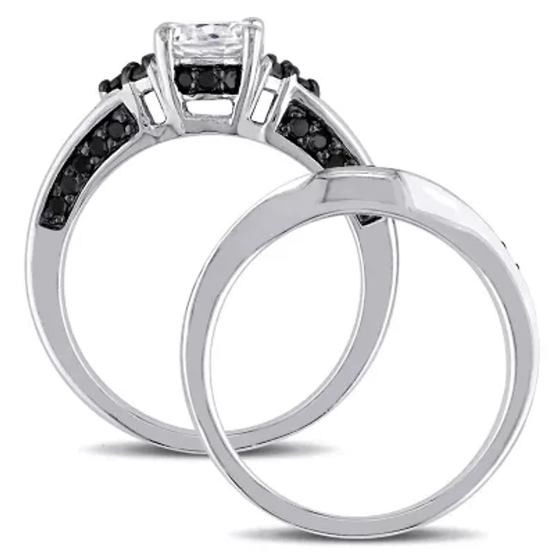Lab Created Created White Sapphire & 3/5 ct. t.w. Black Diamond Floral Bridal Set in Sterling Silver with Black Rhodium