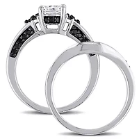 Lab Created Created White Sapphire & 3/5 ct. t.w. Black Diamond Floral Bridal Set in Sterling Silver with Black Rhodium