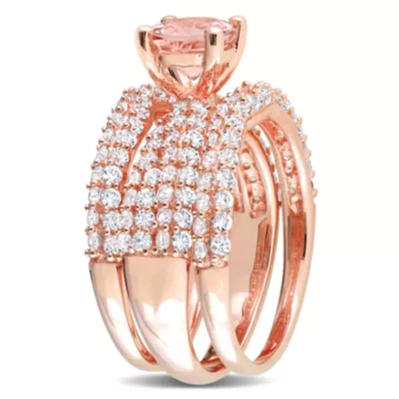 Lab Created Morganite & Created White Sapphire Bridal Set in Rose Plated Sterling Silver