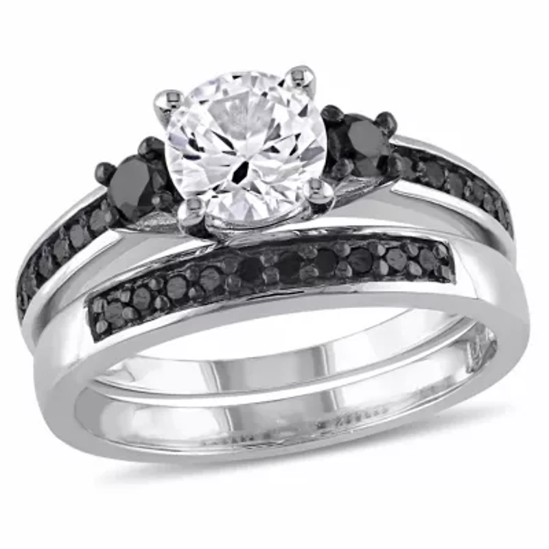 Lab Created Created White Sapphire Bridal Set in Sterling Silver with Black Rhodium