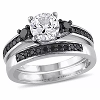 Lab Created Created White Sapphire Bridal Set in Sterling Silver with Black Rhodium