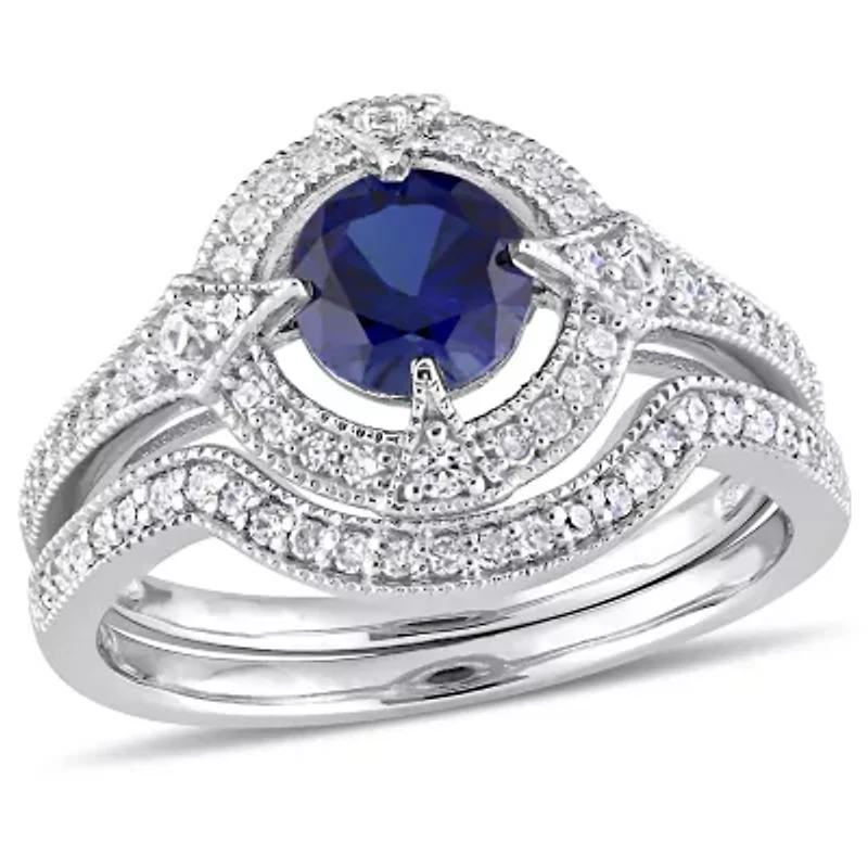 Lab Created Created Blue & White Sapphire & Diamond Bridal Set in Sterling Silver