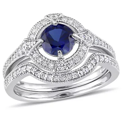 Lab Created Created Blue & White Sapphire & Diamond Bridal Set in Sterling Silver