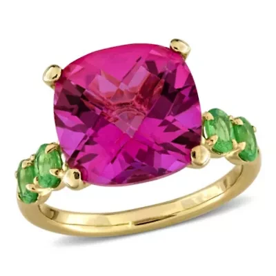 Pink Topaz & Tsavorite Cocktail Ring in Yellow Plated Sterling Silver