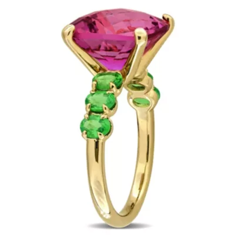 Pink Topaz & Tsavorite Cocktail Ring in Yellow Plated Sterling Silver